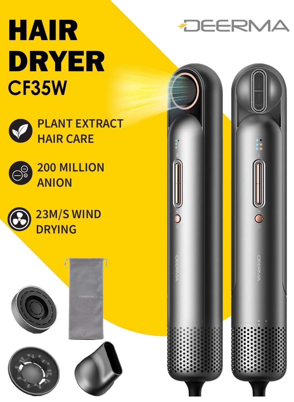 High Wind Speed Hair Dryer With Columnar Design, 200 Million Negative Ion Hair Care, 23 m/s Speed Wind, 60° Magnetic Suction Wind Nozzle and 12 Dry Hair Mode, Lightweight and Portable DEM-CF35W - Gray