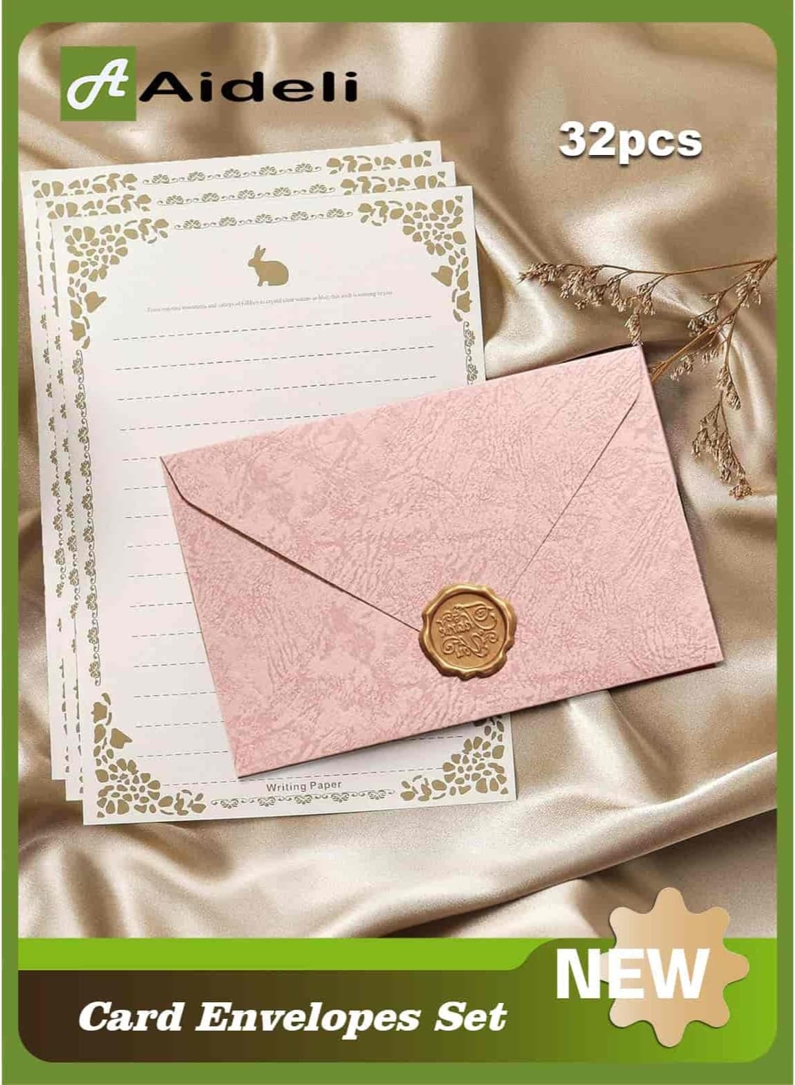 Greeting Card Envelopes 32PCS Vintage Letter Writing Set – 6 Pink Wood-Grain Envelopes + 20 White Rabbit Striped Writing Papers + 6 Wax Seal Stickers for Letters, Invitations, Weddings, Gifts Artistic Craft