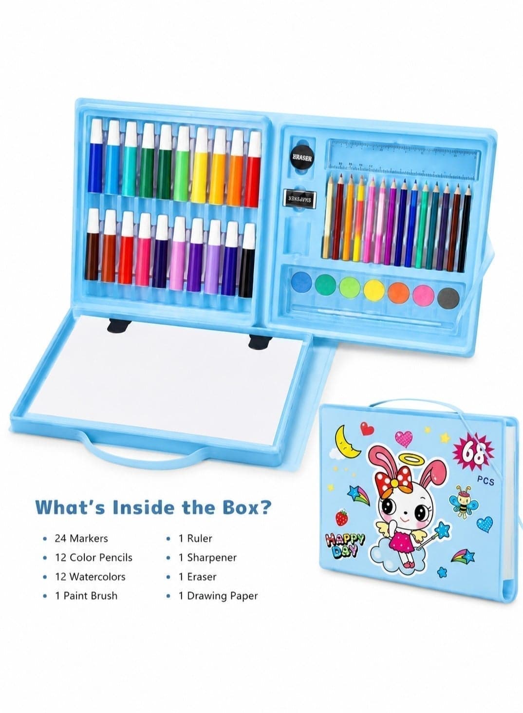 68 PCS Kids Art Set, Portable Drawing & Coloring Kit with 24 Markers, 12 Colored Pencils, 12 Watercolor Paints, Drawing Paper, Paint Brush, Ruler, Sharpener & Eraser, Travel Art Case for Boys & Girls
