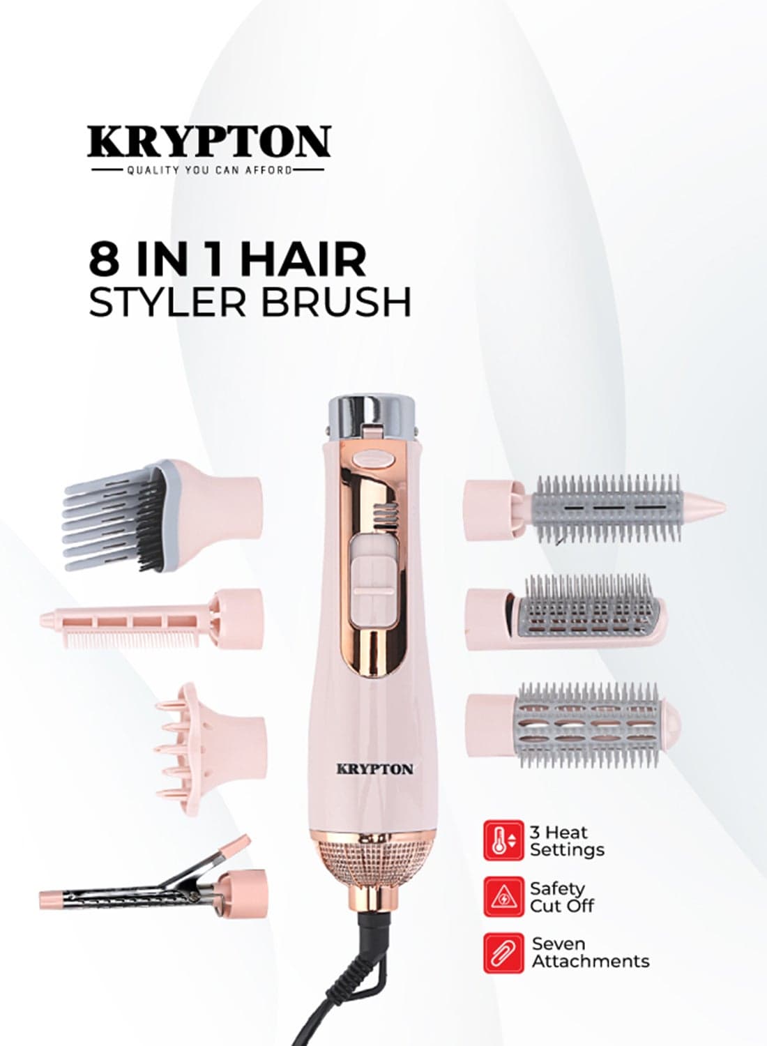 8-in-1 Hair Styler With 7 Attachments, Smooth And Easy-to-use Design, Safety Cut Off Feature, 360-degree Swivel Cord, Cool Function, And Perfect For Salon Pink
