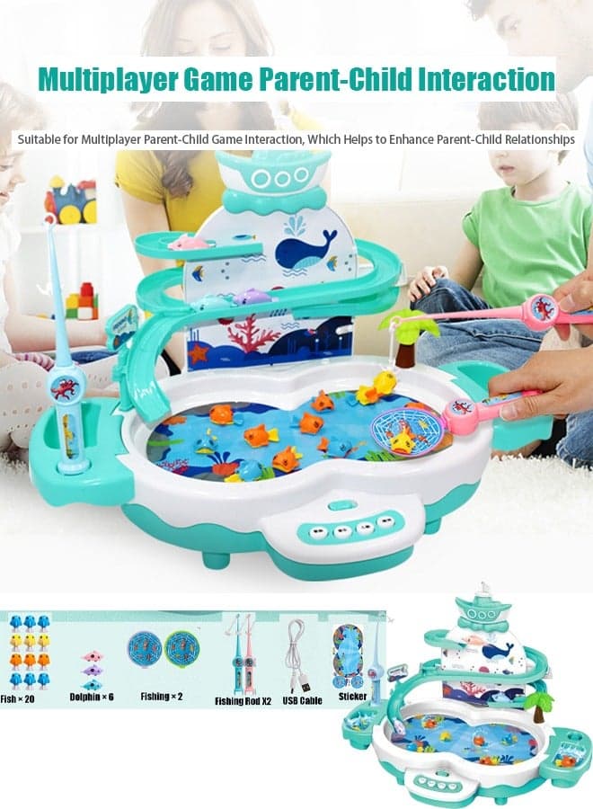 Magnetic Baby Fishing Toy Set 3 in 1 Fishing Game for Toddlers & Kids with Slideway & Music Story 20 Fish 6 Dolphins 2 Toy Fishing Poles Learning Educational Toys Sound Effect Toy (Green)