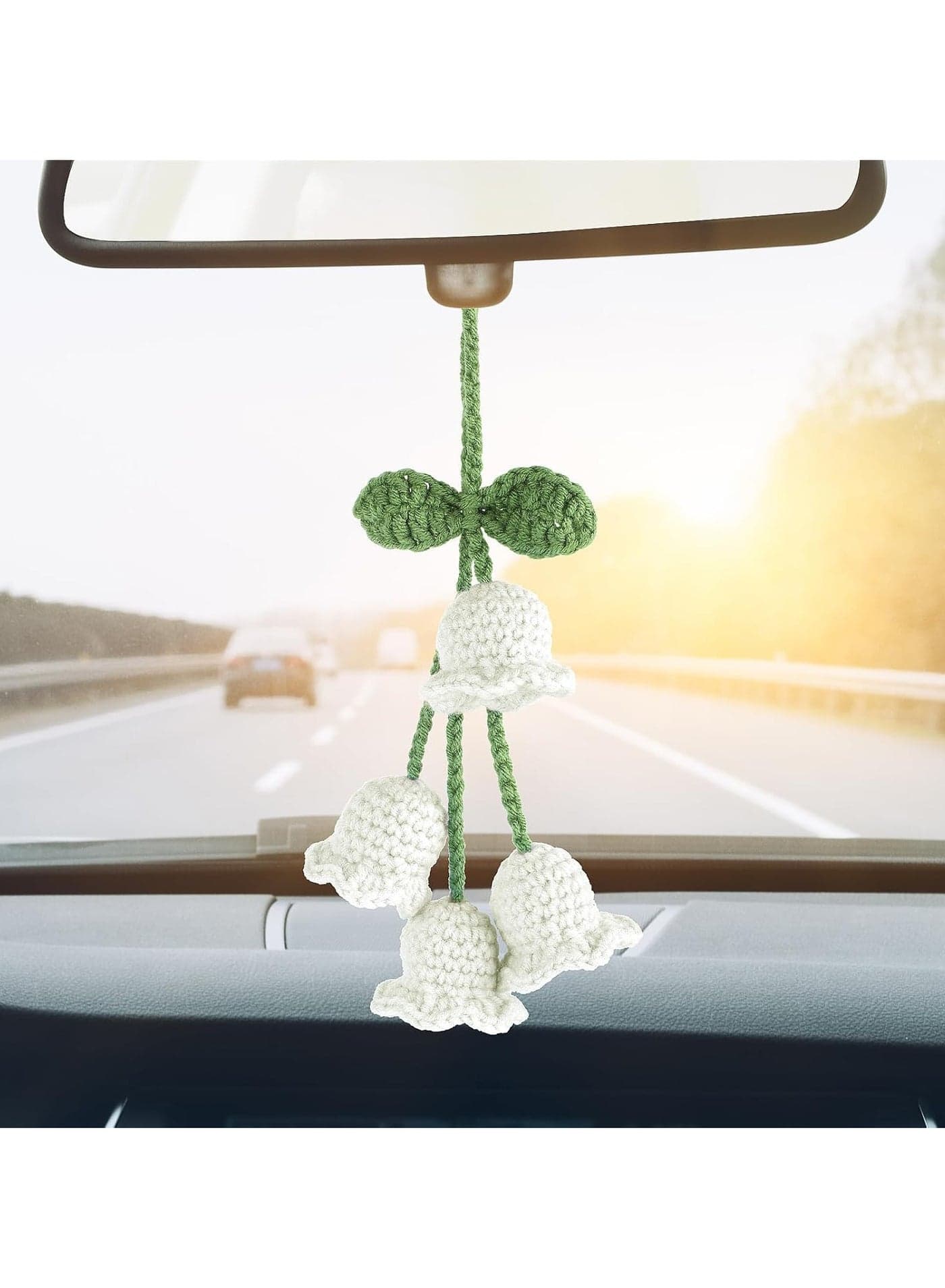 Mirror Hanging Car Accessories Cute Little Lily of The Valley Car Rearview Mirror Accessories Hand Knitted Crochet Flower Decor for Mirror Rear View Mirrors Key Chains