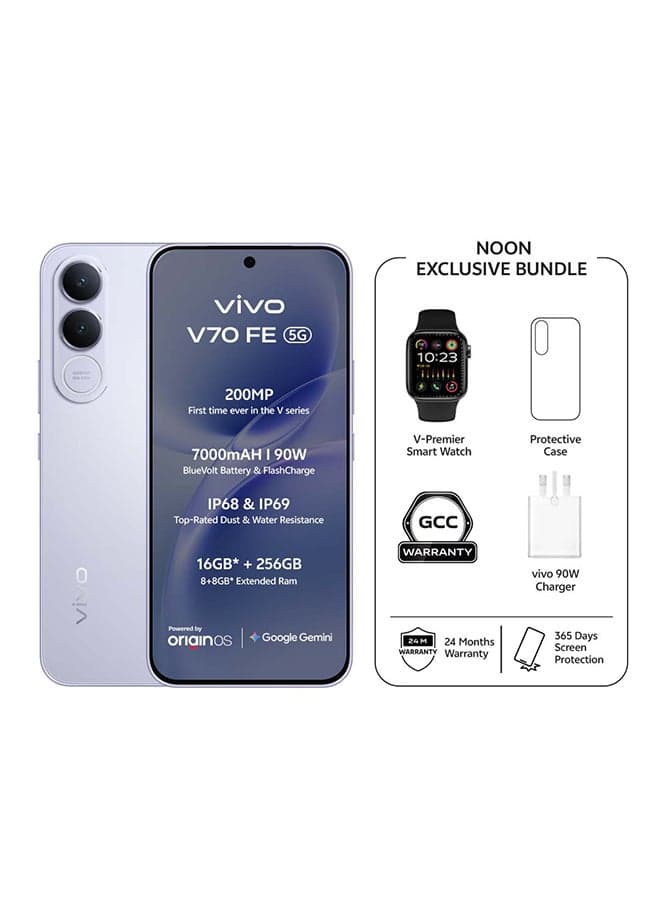 V70 FE 5G AI Dual SIM Titanium Silver 8GB 256GB With Exclusive Gifts: Smart Watch 90W Charger, Protective Cover, 4-year free battery replacement And 24 Months Warranty + 1 Year Screen Replacement - Middle East Version