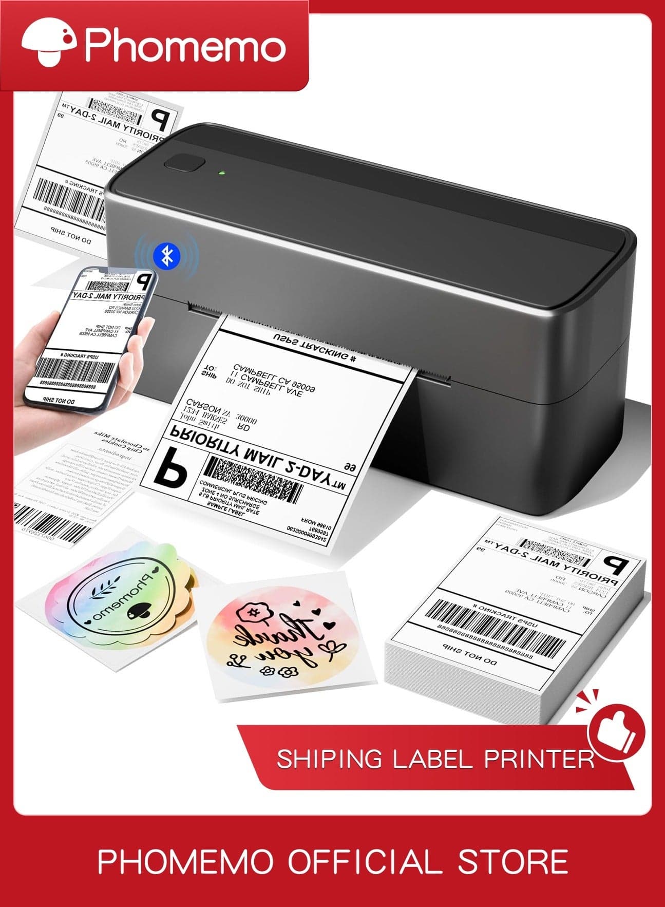 241-BT Bluetooth Thermal Label Printer, Wireless Shipping Label Printer for Small Business, Label Printer for Shipping Packages, Compatible with iPhone, Android .It contains 10 sheets of 4X6" white paper.(Black)