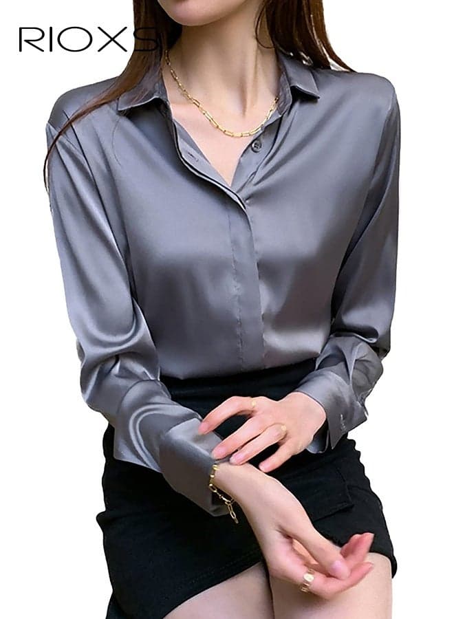 Women's Blue Satin Long Sleeve Shirt, Elegant Notch Collar Blouse, Lightweight Dressy Top with Button Cuffs, Breathable Office Casual Shirt, Vintage Inspired Minimalist Chic Blouse