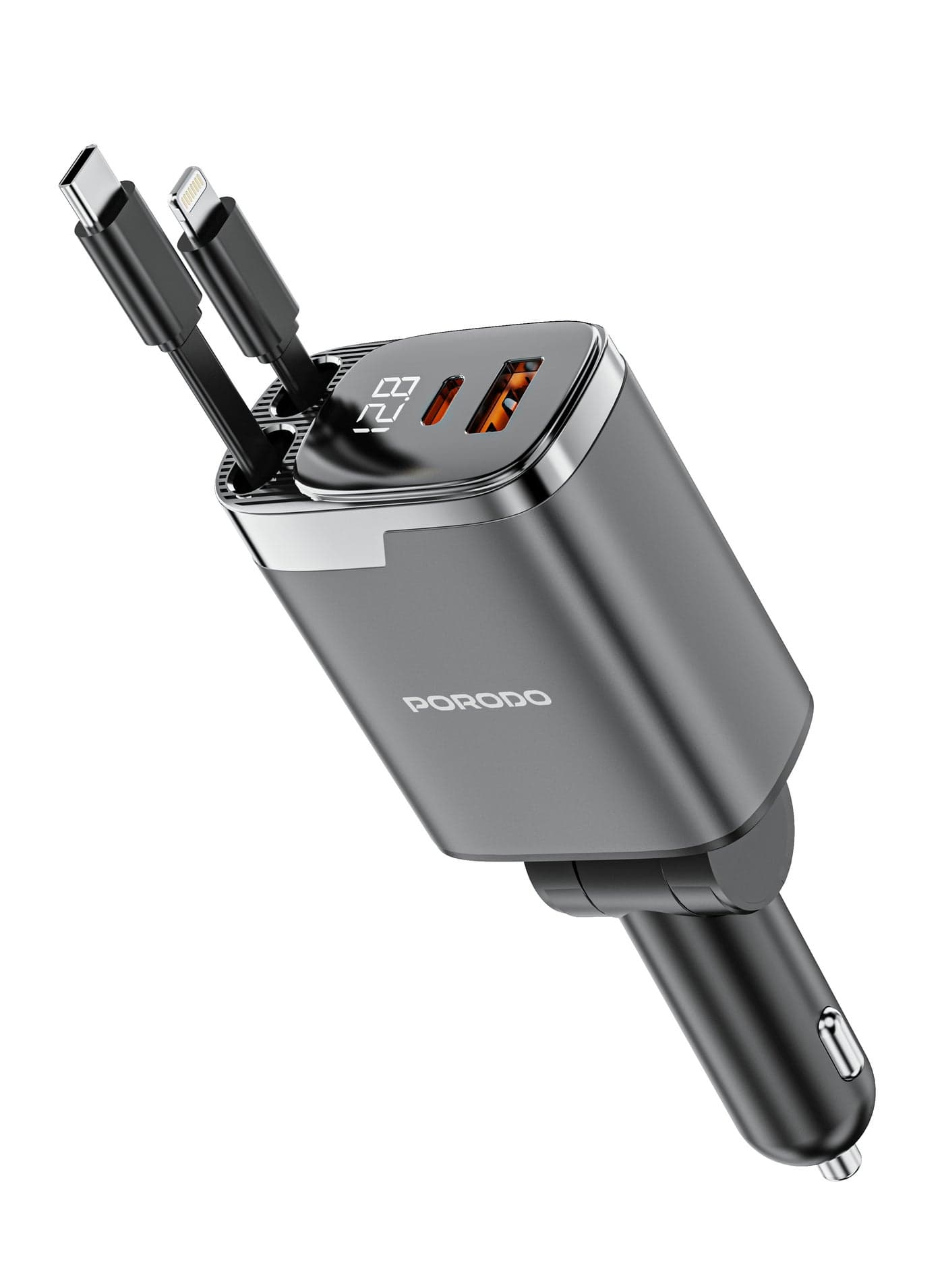 Car Charger with Dual Retractable Cable & PD 45W & QC 36W Fast Charging / LED Voltage Display / Simultaneous Charging / 111W Max Output - Grey