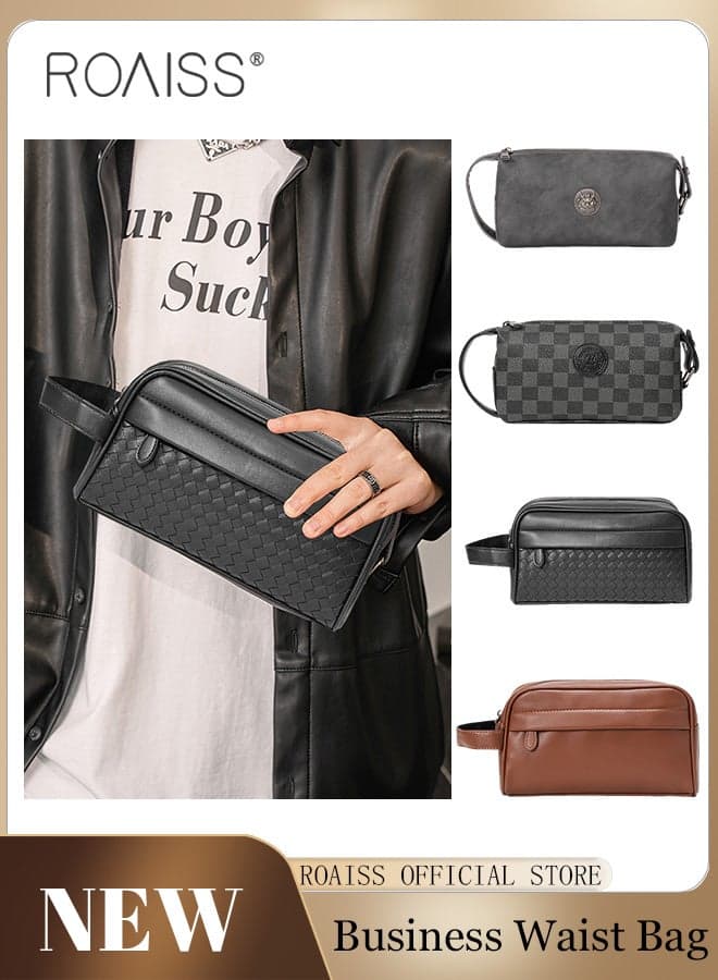 Men Business Hand-Woven Clutch Bag PU Leather Wrist Bag Daily Commuting Horizontal Small Bags with Convenient Handle Clutch with Zipper Black Handbag