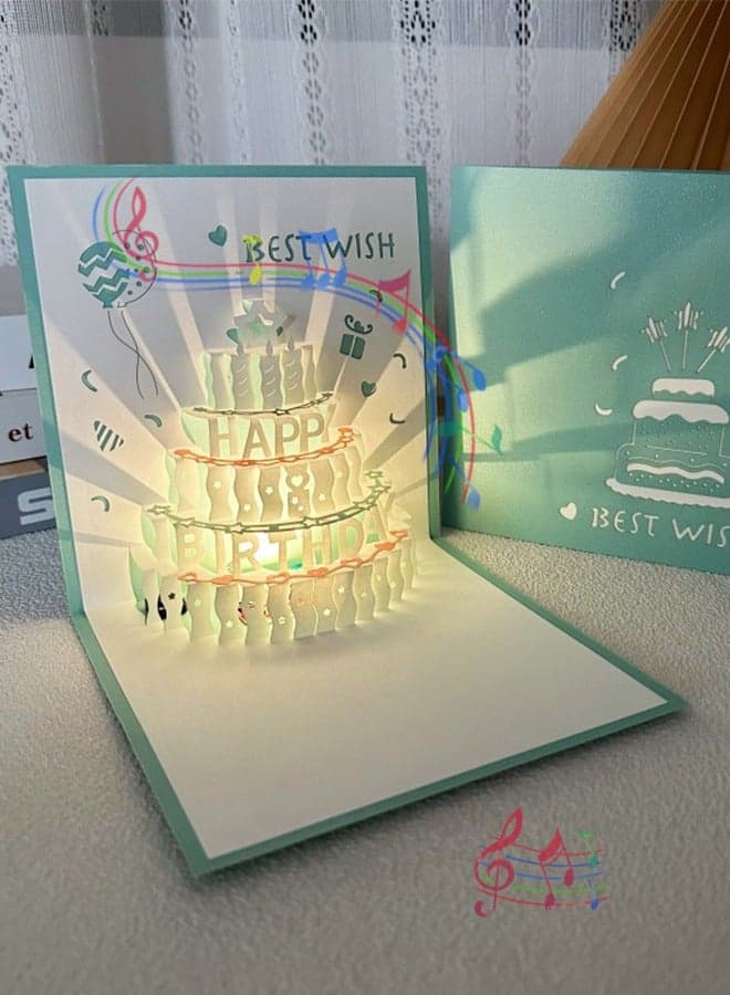 3D Birthday Cards, Play Music Warm LED Light Birthday Cake Card, Music Greeting Cards Gift for Women Mom Wife Sister Girl