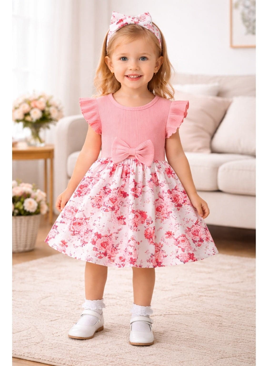 Girls Floral Dress with Bow & Headband Set | Short Sleeve Ribbed Top Party Dress | Soft Cotton Blend | 18 Months – 3 Years Toddler Girls Outfit (Pink & Purple)