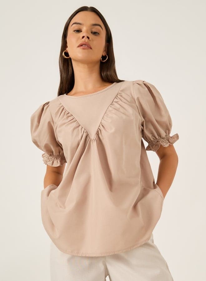 Solid Puff Sleeves Top With Smocked Cuffs