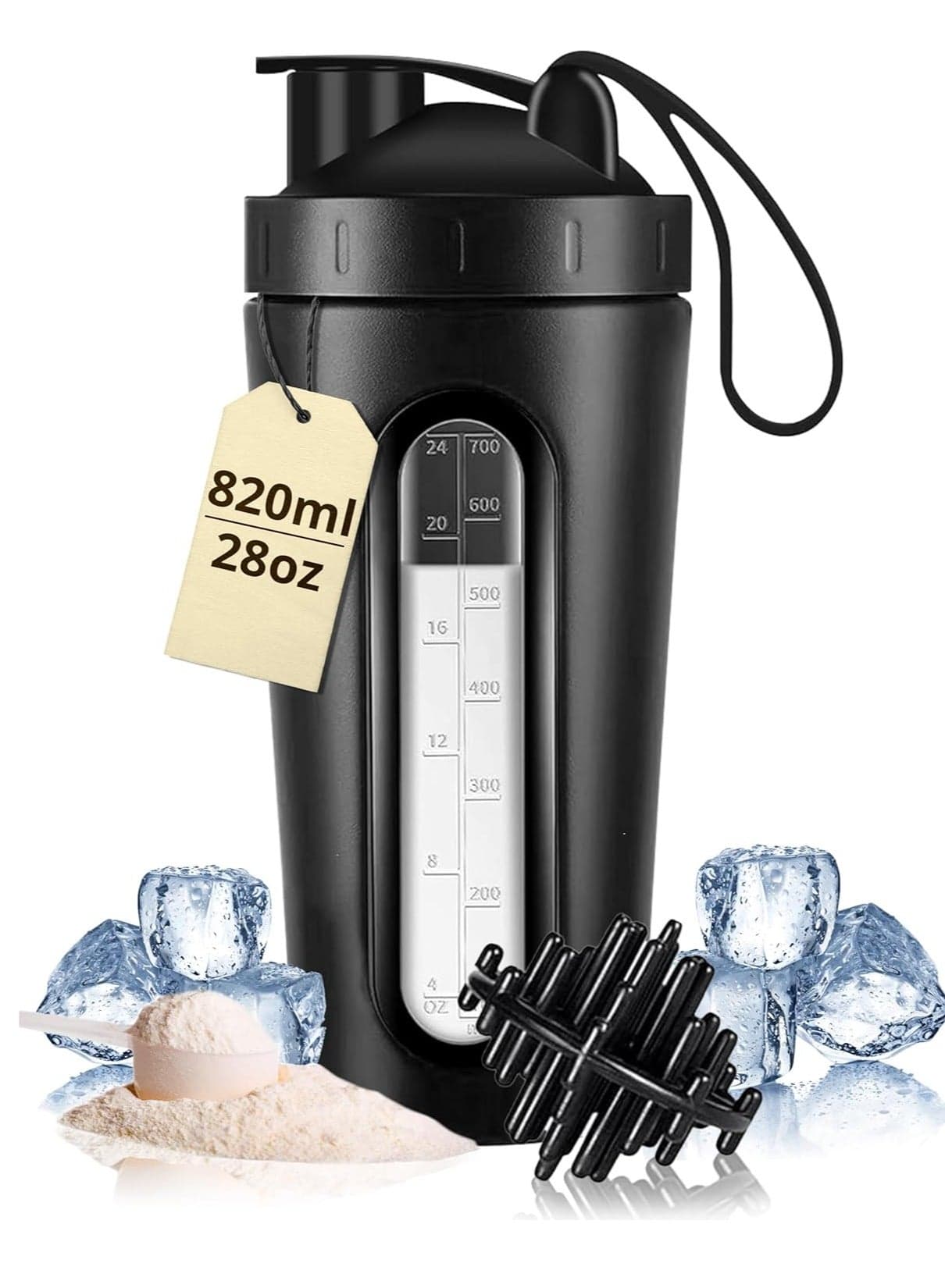 Fitness Stainless Steel Protein Shaker 820Ml - Leak-Proof, Bpa-Free Mixer Bottle With Visible Measurement Window – For Protein Shakes & Bcaa, 28Oz Bottle For Gym Shakes & Hydration (Sleek Black)