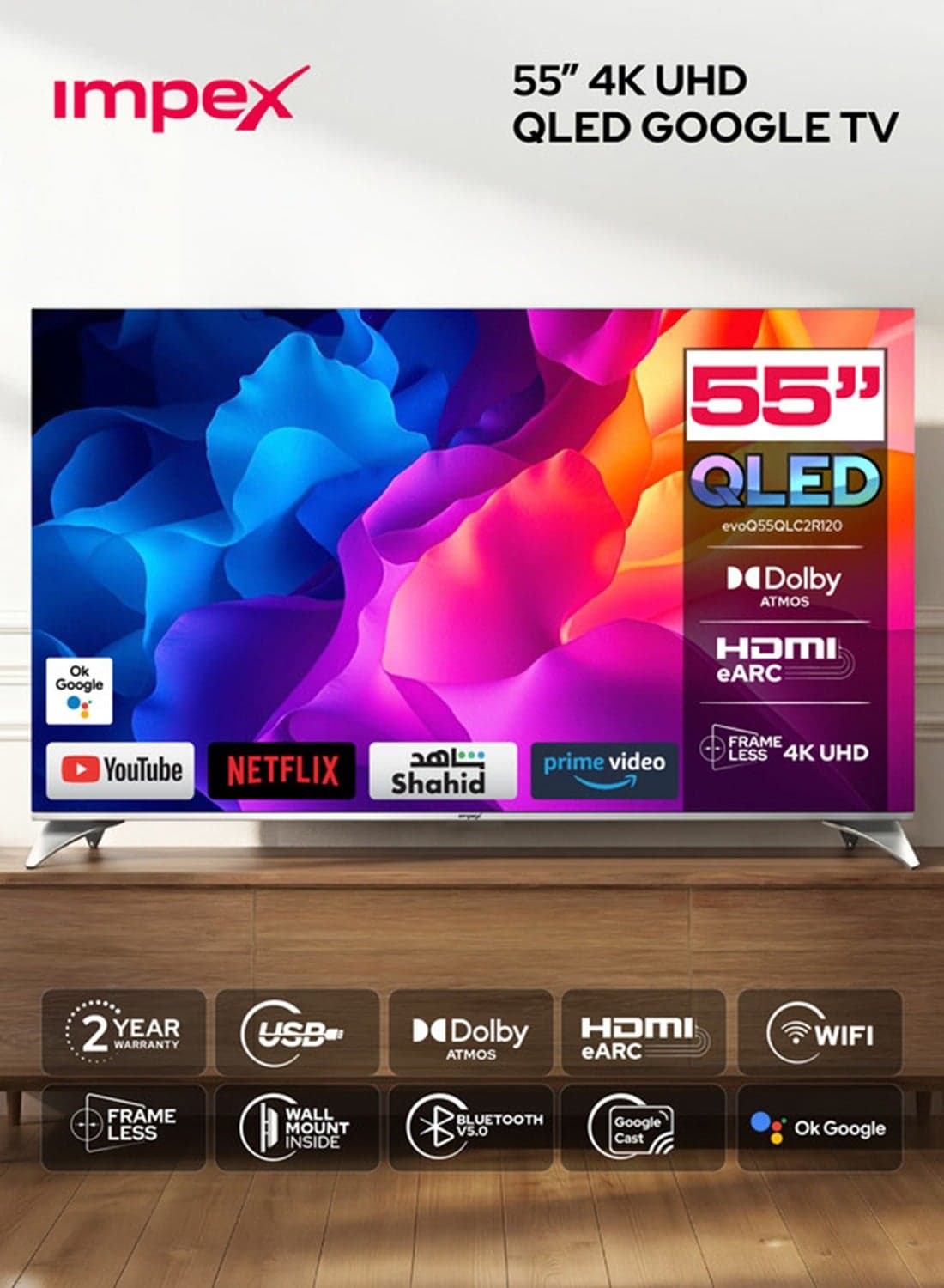 55 Inch QLED Google TV, 4K Ultra HD Smart TV, 120Hz DLG, Dolby Vision & Atmos, HDMI eARC, ALLM Gaming TV, Voice Remote, WiFi Bluetooth, DVB-T2, Wall Mount, 2 Year Warranty - evoQ 55S4QLC2R120 Evoq55QLC Black