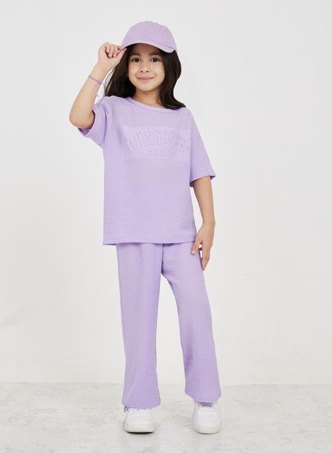 Embossed Textured T-Shirt & Wide Leg Pants Set