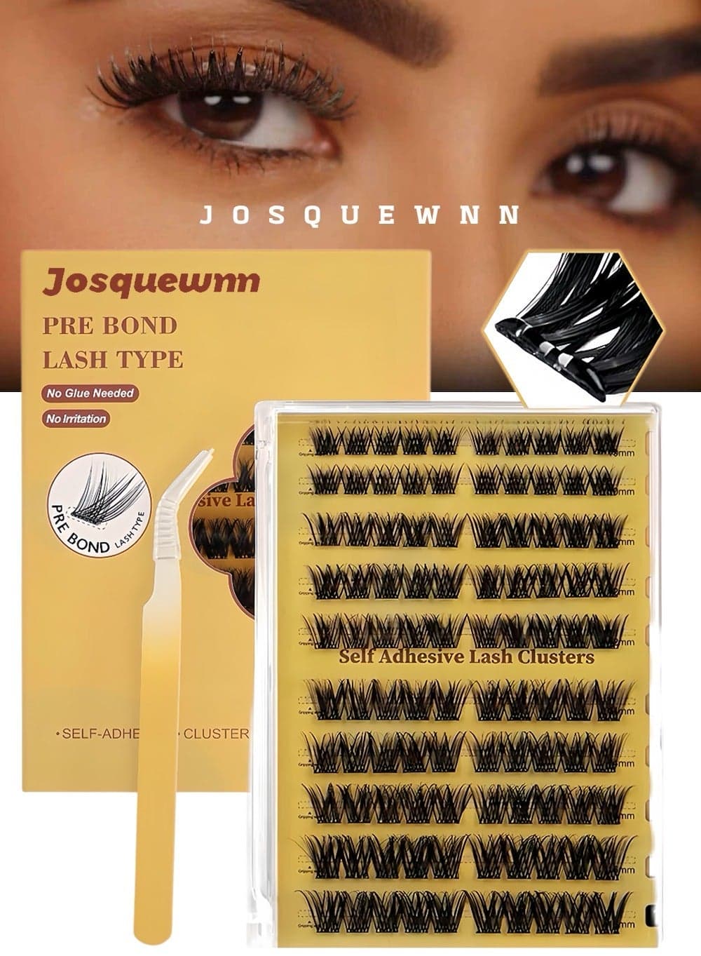 100 PCS Self Adhesive Eyelashes Clusters Kit Lash Clusters DIY False Eyelashes D Curl Pre Glued with Tweezers for Beginners, Press On Glueless Lash Extension Kit 10 to 16mm, No Glue Needed No Remover No Residue