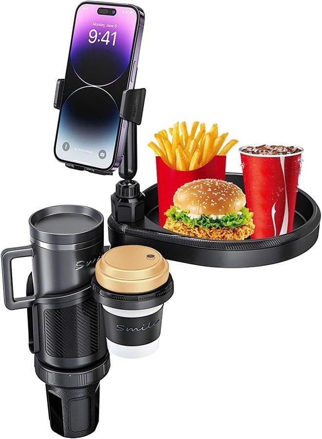 Car Cup Holder Tray, Adjustable Car Cup Holder Phone Mount with Food Tray 4 in 1 Swivel Expander Compatible with Most Vehicles – Ideal for Road Trips and Truckers, Black