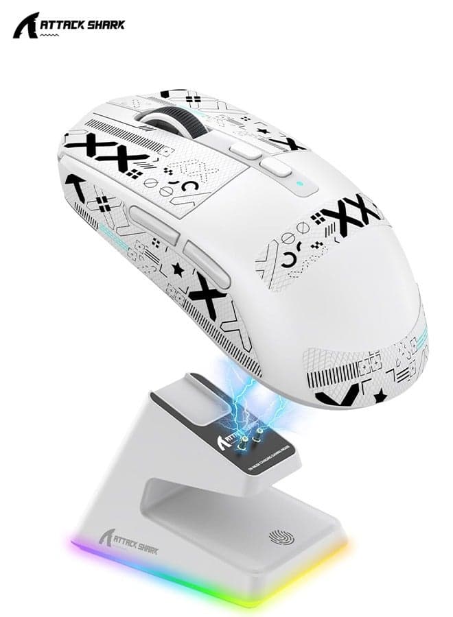 X6 Lightweight Wireless Gaming Mouse with RGB Backlight Charging Base,Tri-Mode Wired/2.4GHz/BT5.2,26K DPI, PAW3395 Optical Sensor,HUANO Switch,5programmable Buttons,PC/Mac(White+Sticker)