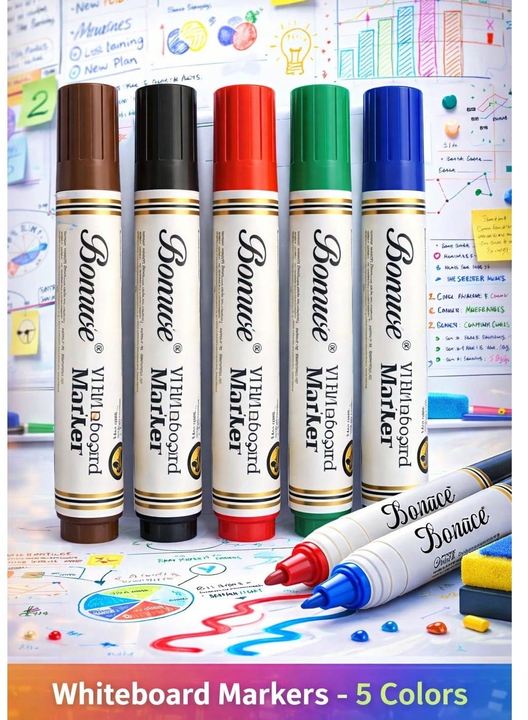 5 Pcs - Whiteboard Markers, Dry Erase Markers, Chisel Tip, Low Odor Assorted Colors, Easy Erase Bold Color White Board Marker Set for Kids, Office, Classroom, School, Teaching
