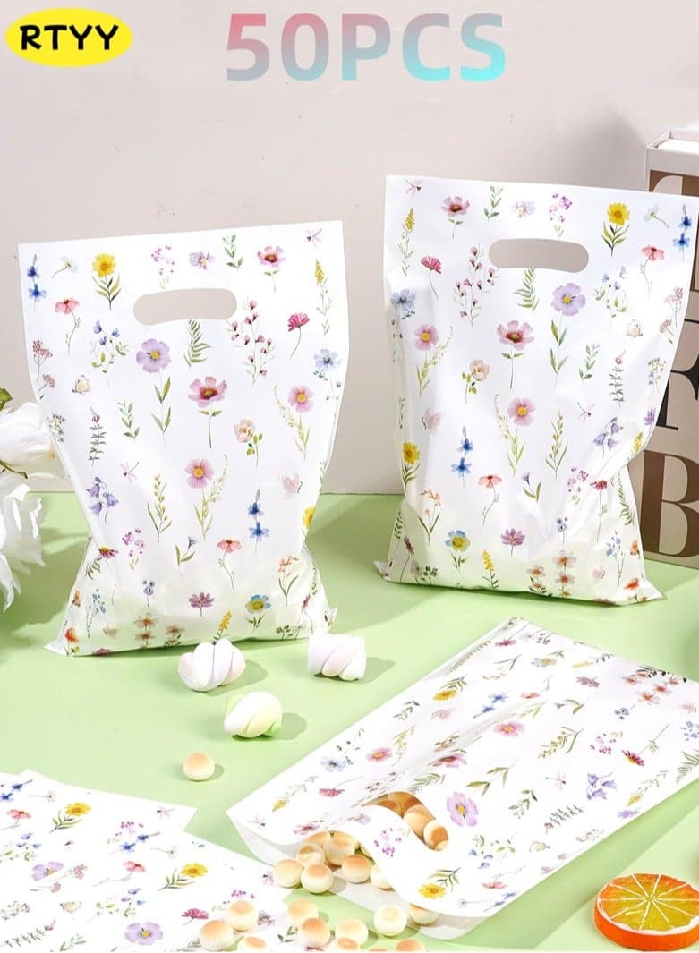 50Pcs Wildflower Theme Goodie Bags Spring Wildflower Plastic Gift Bags Flower favor bags with Handles Party Treat Candy Bags for Birthday, Wedding, Baby Shower Party Supplies