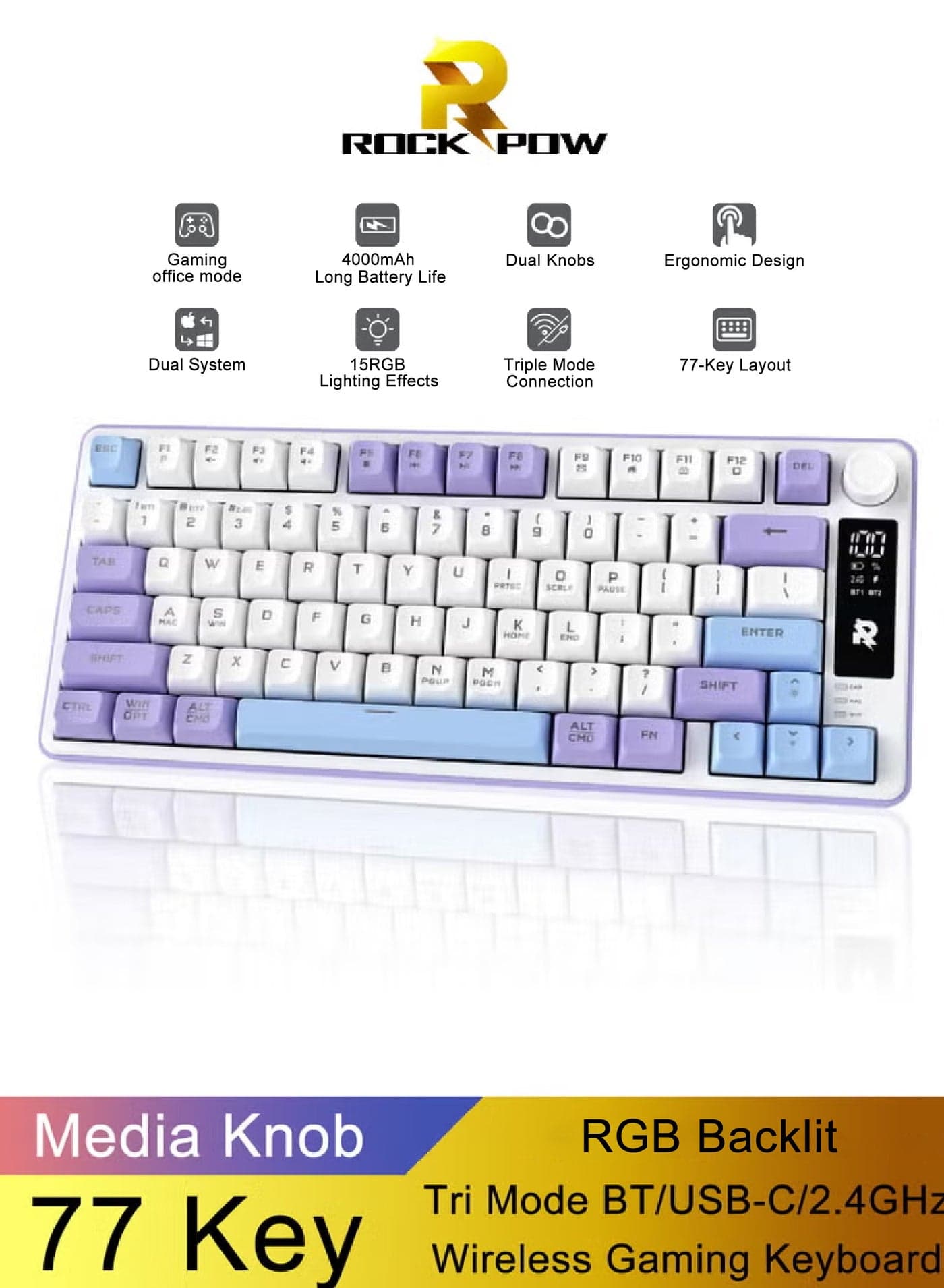 ROCK POW 75% 77 Key Wireless Gaming Keyboard Bluetooth Computer Keyboard with Media Knob RGB Backlit Tri Mode BT/USB-C/2.4GHz 4000mAh Quiet Membrane Keyboards for PC/Tablet/Xbox/PS4/PS5 Creamy Lavender & Blue