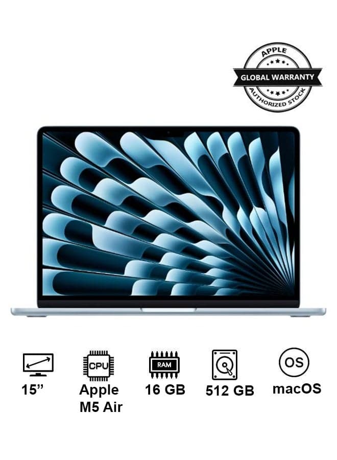 New 2026 MacBook Air MDVQ4 | 15 Inch Display | Apple M5 Air | 10-Core CPU 10-Core GPU | 16GB RAM | 512GB SSD | macOS | English Keyboard | Sky Blue