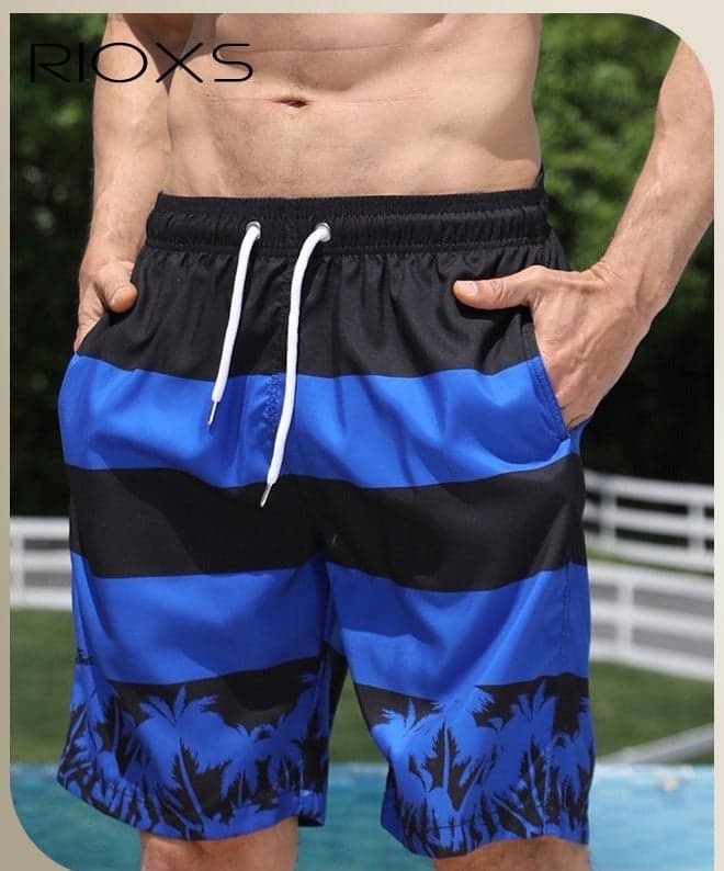 Men's Swim Trunks, Loose Fit Quick Dry Swim Shorts with Pockets and Elastic Waistband, Breathable Printed Drawstring Board Shorts with Striking Patterns, Fashionable Casual Bathing Shorts, Suitable for Swimming, Beach Surfing, Running, Ball Sports, Relaxing at Home, and Beyond, Black and Blue