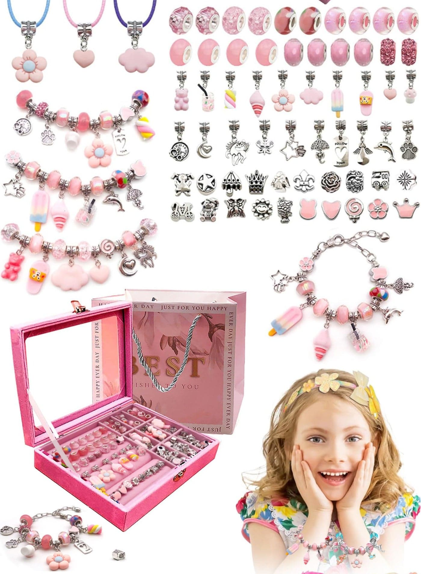 Charm Bracelet Making Kit for Girls, Bracelet Making Kit for Girls, Gift Box Contains 66 Pcs of Jewelry Making kit for 6-12 Years Old Girls Arts and DIY Crafts for Birthday,Ramadan,Eid Gift/Present (Pink)