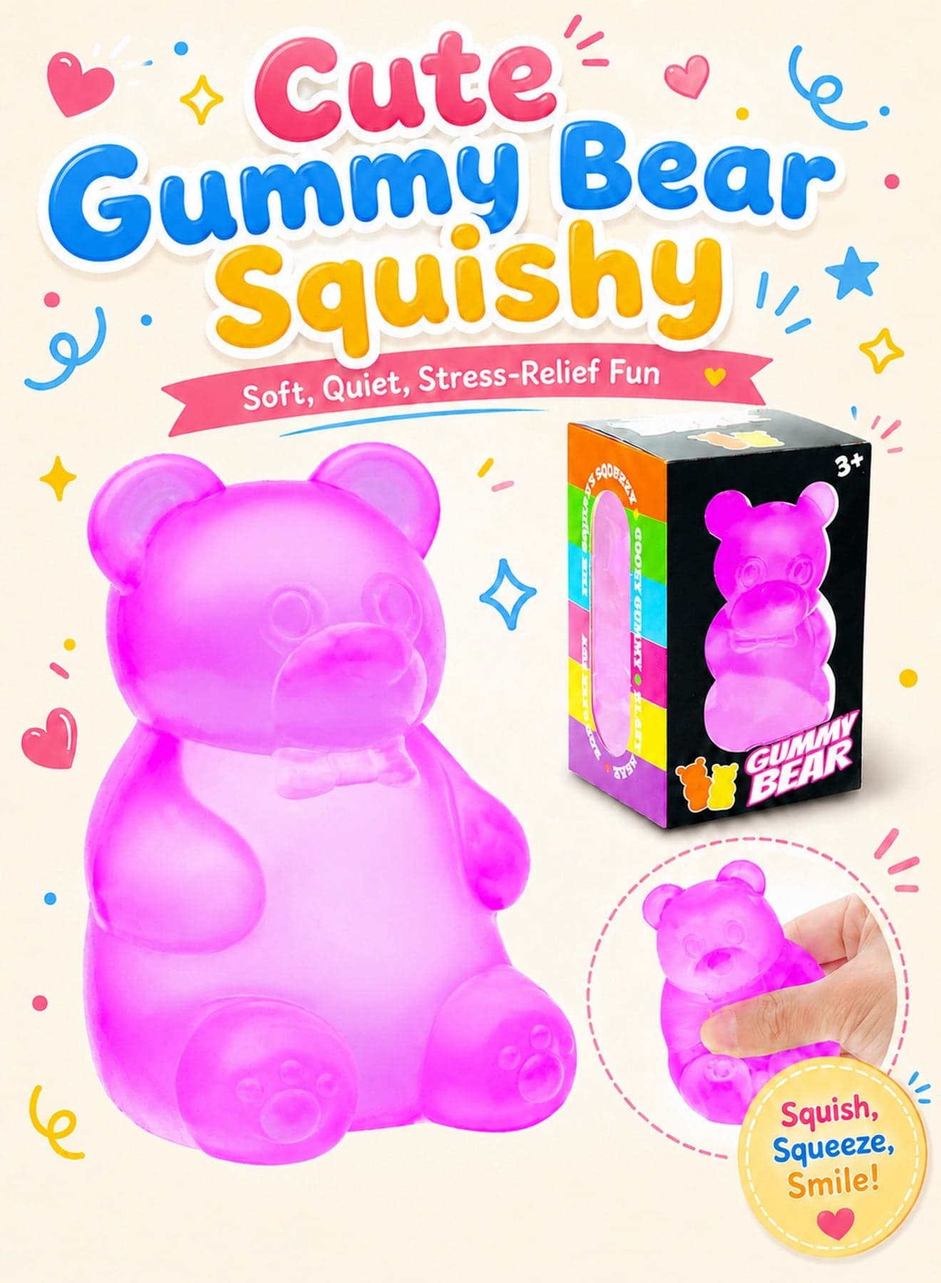 Squishy Gummy Bear Stress Balls, Fidget Squishy Toy with Soft High Density Gel, Ultra Soft Squeeze Balls for Kids Adults Anxiety Relief, Calming Students Classroom Prizes Calming Kids Adults, Purple