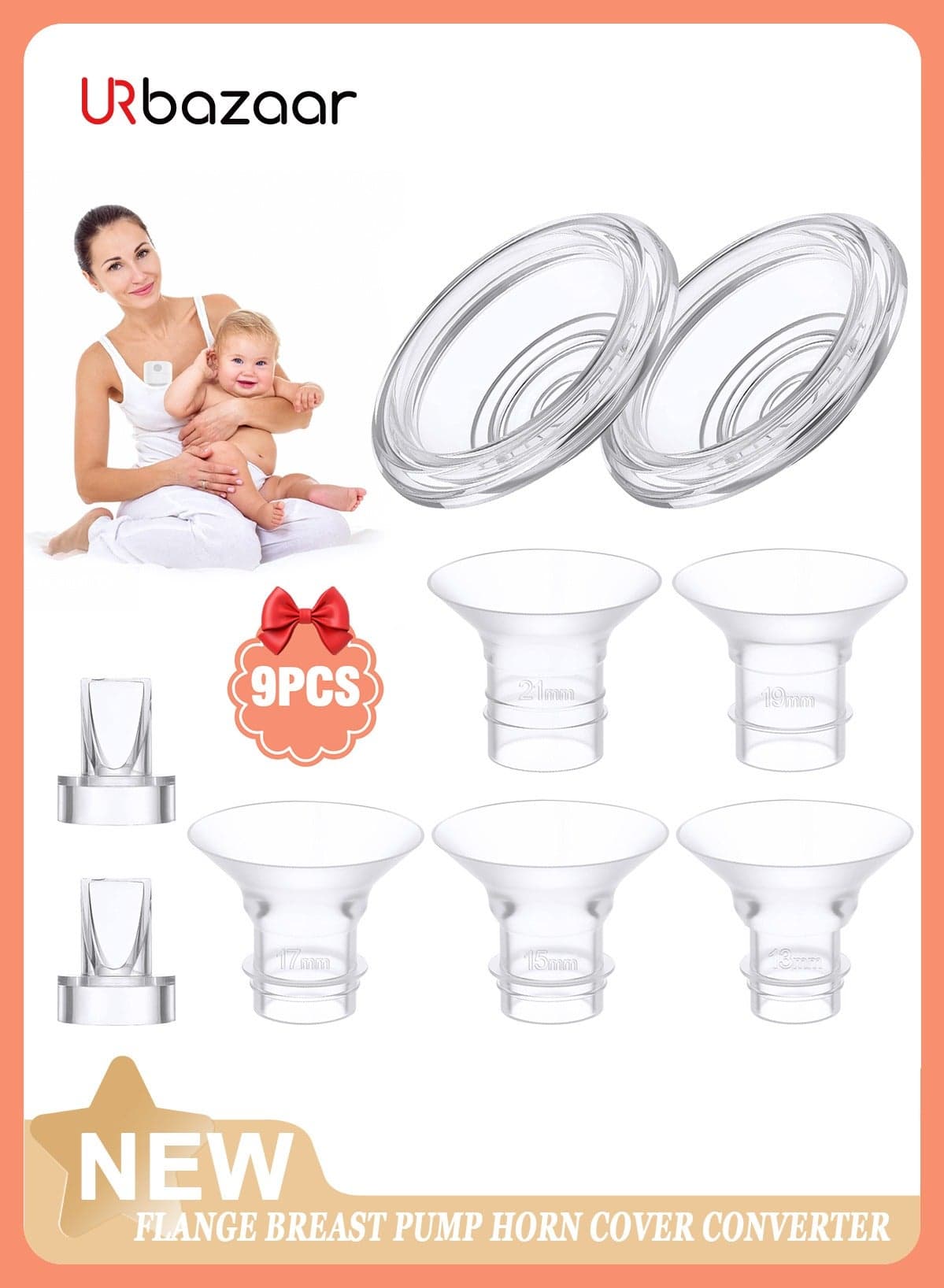 9 Pack Breast Milk Pump Inserts 13/15/17/19/21mm Compatible with Momcozy Wearable Breast Pump, for TSRETE/Spectra/Medela 24mm Shields, Include Silicone Diaphragm&Duckbill Valve