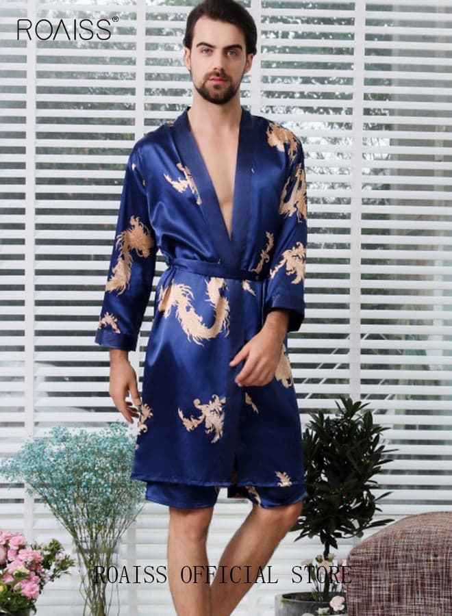 Men 2PCS Pajamas Outfit, Soft Loungewear Set with Satin Robe and Elastic Waist Shorts, Skin-friendly Sleepwear Jammies for Men, Perfect for Sleeping or Lounging Around Your House