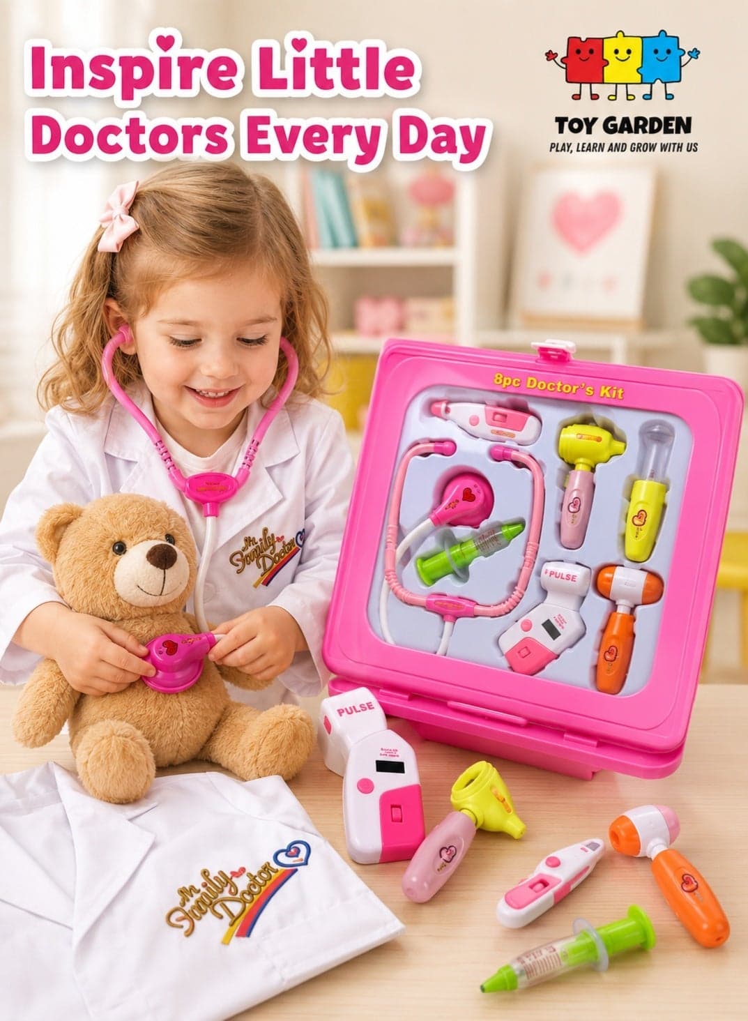 Doctor Set 8 Piece Medical Tool Kit Pretend Play Doctor Toys with Electronic Stethoscope Syringe Light and Sound Effects Professional Medical Station for Kids and Toddlers Creative Learning Gift