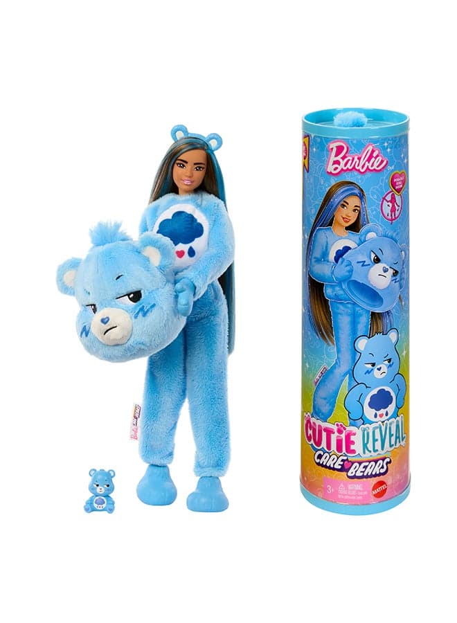Cutie Reveal Doll & Accessories, Care Bears Series, Fashion Doll with Grumpy Bear Plush Costume & 10 Surprises Including Color Change & Mini Bear
