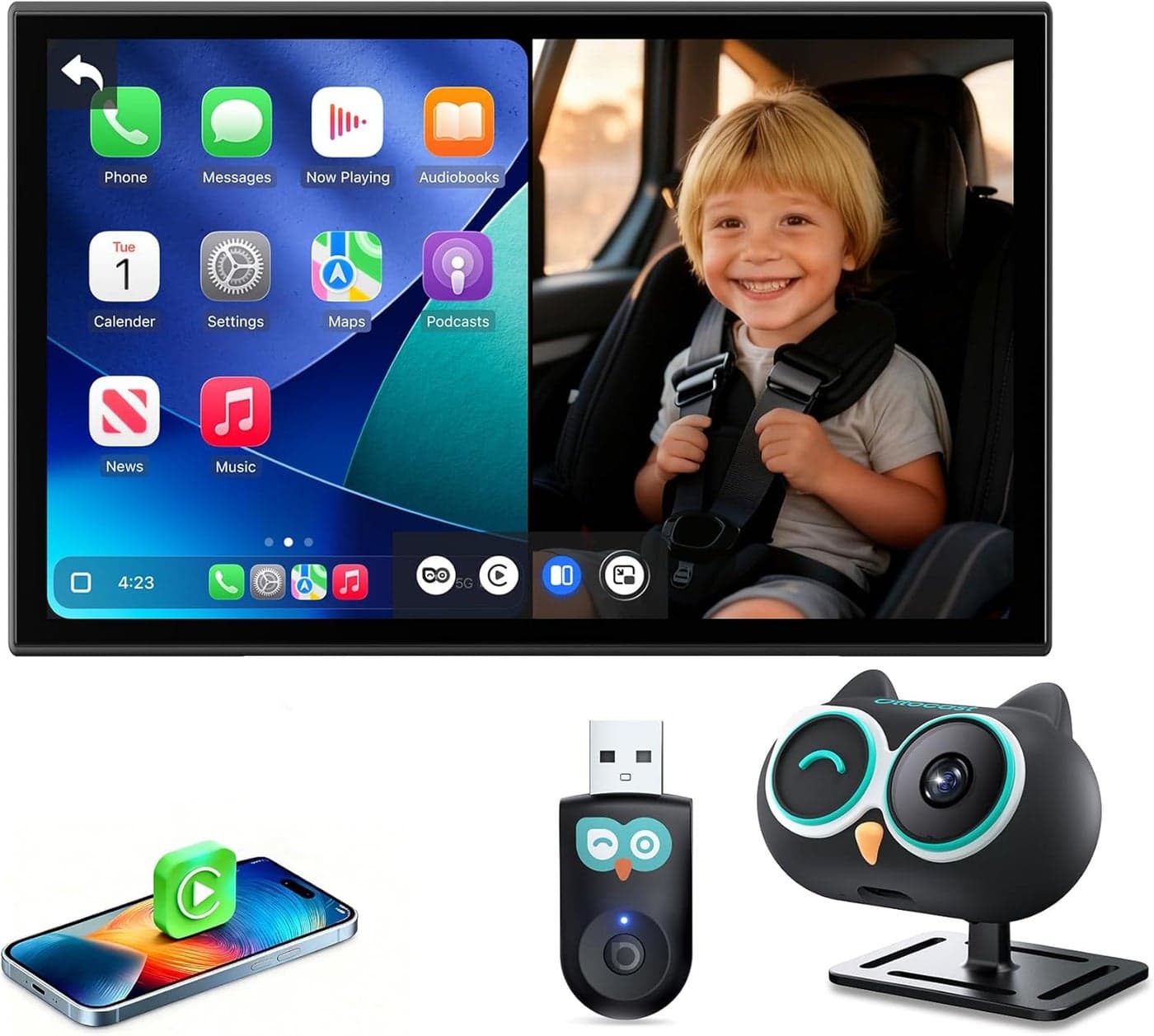 OTTOCAST Baby Car Camera with Wireless CarPlay, 1080P Night Vision, and Split Screen Navigation