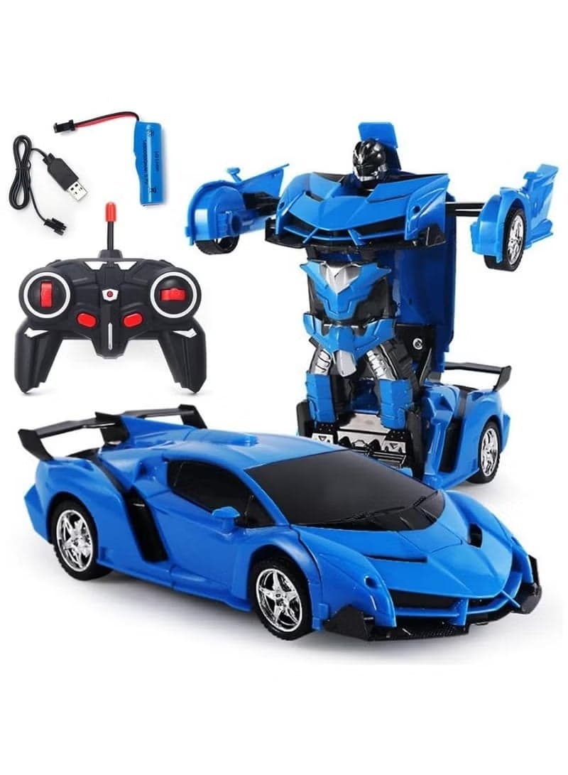 Remote Control Transforming Robot Car Toy for Kids – RC Vehicle with One-Button Deformation, 360° Drifting Action, LED Lights, High-Speed Race Car Toy for Boys & Girls (Blue)