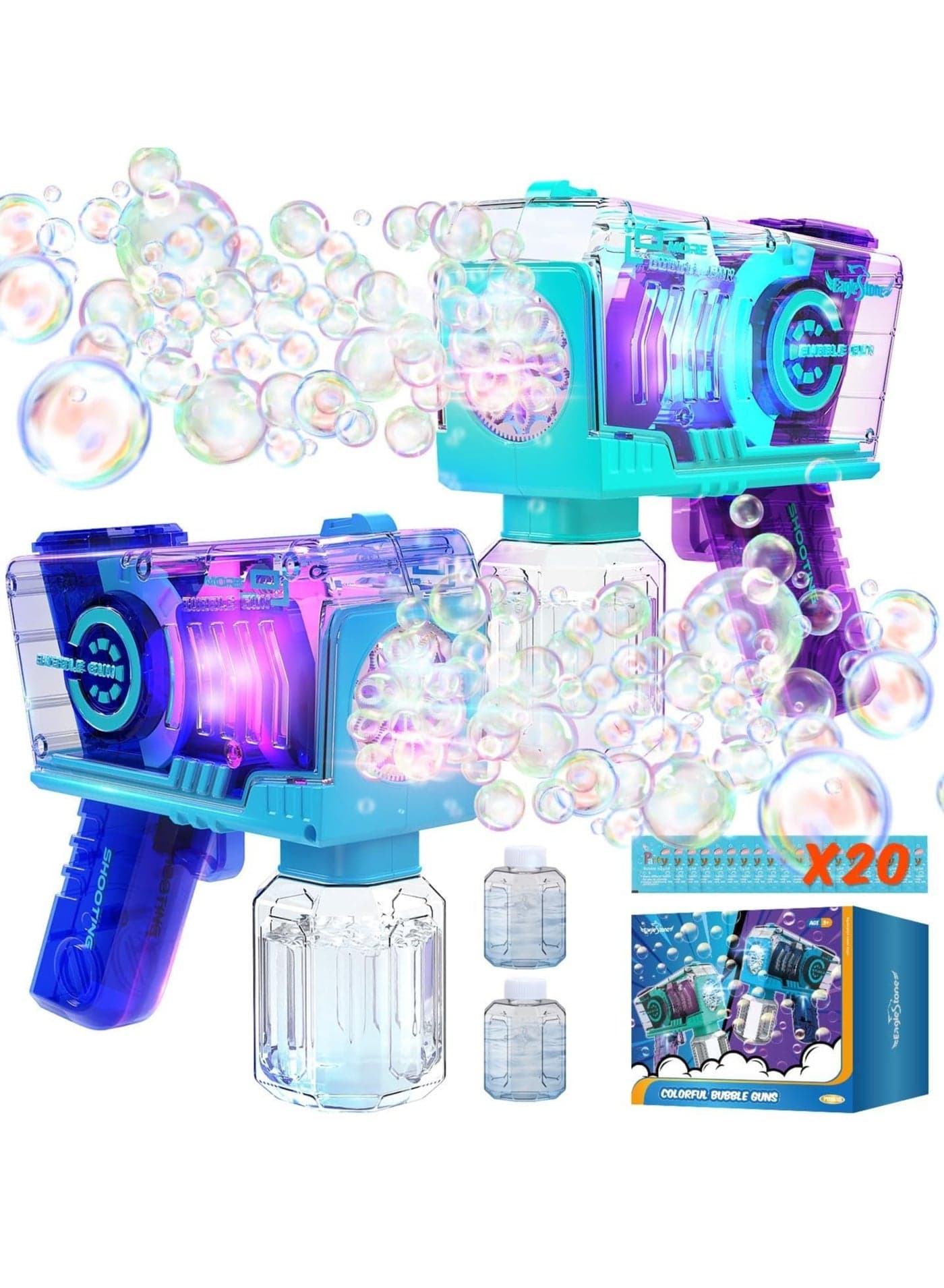 Eaglestone Bubble Gun for Kids 2 Packs, Automatic Bubble Machine, 10-Hole Bubbles Wands Blaster for Toddlers with LED Lights & Solution, Easter, Party Favor, Outdoor Toys for Boys & Girls