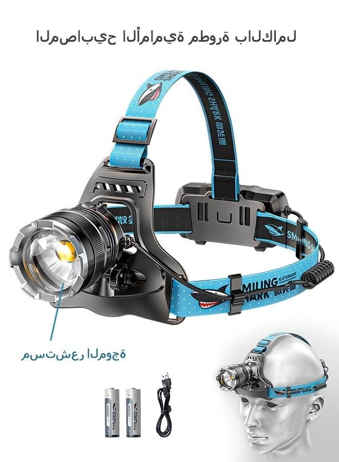Super Bright LED Rechargeable Headlamp, Zoomable Head lamp with Induction Switch and 5 Lighting Modes, IP6 Outdoors Flashlight Spotlight (Blue)