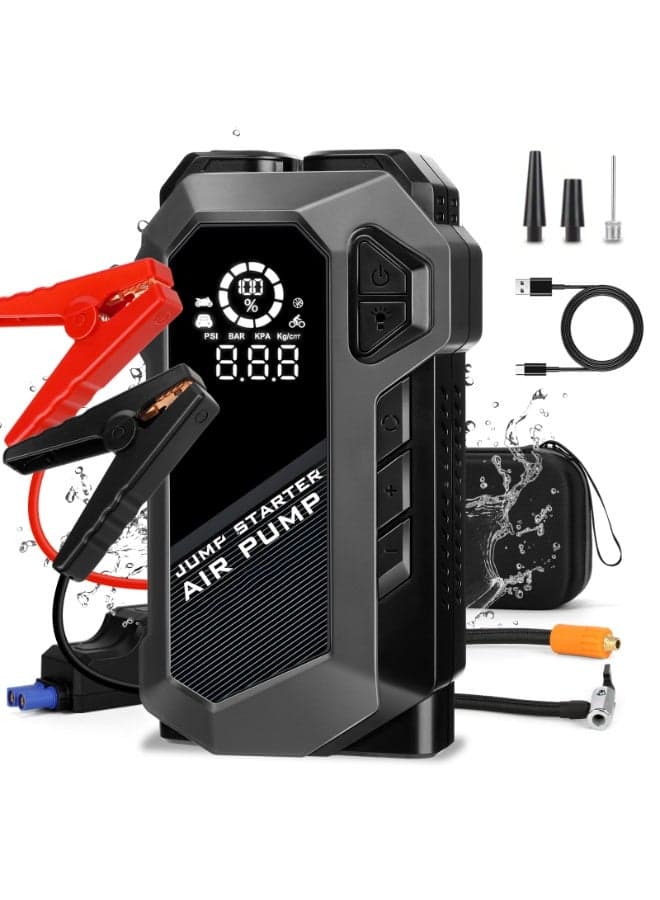 Jump Starter with Air Compressor, 4000A 150PSI Battery Jumper Starter Portable(10L Gas/8L Diesel), 12V Jump Box Car Battery Jumper Starter Portable with Jumper Cables, LCD Display, LED Light