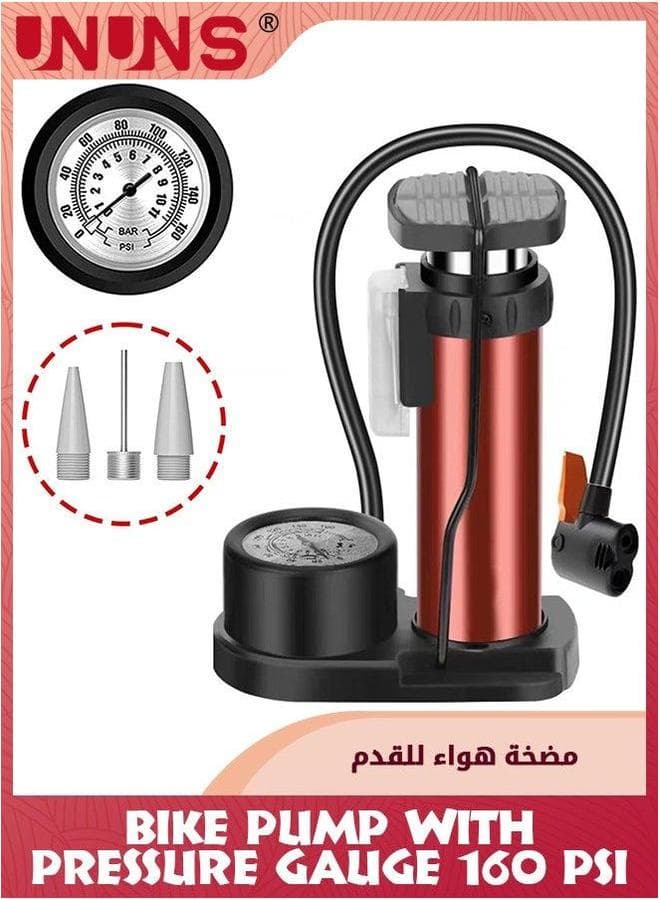 Bike Pump With Pressure Gauge,160 PSI Presta Schrader Adapter Valve,Portable Foldable Bicycle Tire Pump,Aluminum Alloy Mini Air Pump,Universal Pumps For Balls Basketball Motorcycles Car,Red