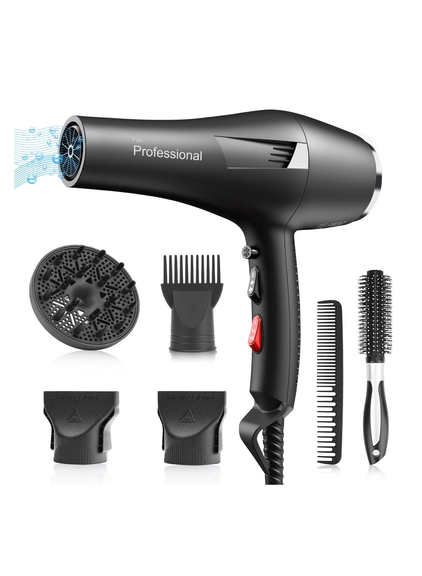 2000W Ionic Hair Dryer AC Motor Fast Drying 2 Speeds & 3 Heat Cool Shot Diffuser & Nozzles for Curly Straight Hair