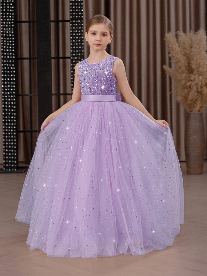 Girls Sequin Bow Detail Mesh Maxi Party Dress