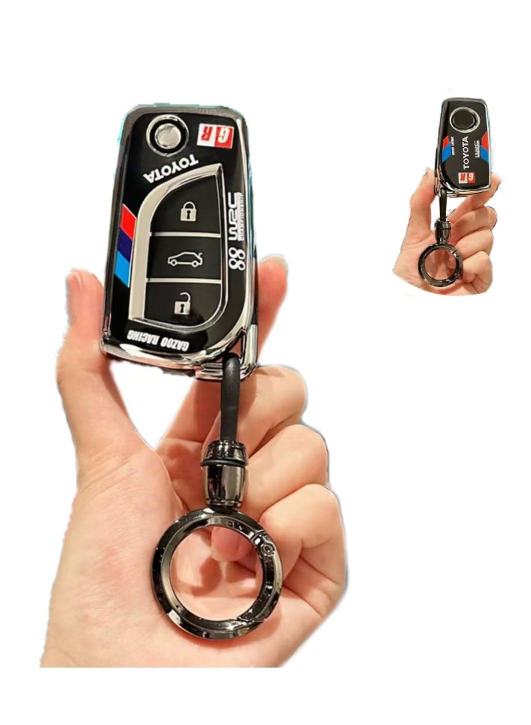 OUYoo TPU Case Key Fob Cover For Toyota C-HR Camry Corolla Fortuner Highlander Levin RAV4 LE Sequoia Sienna Tacoma Tundra Yaris Car Key Shells,With a key chain(black)