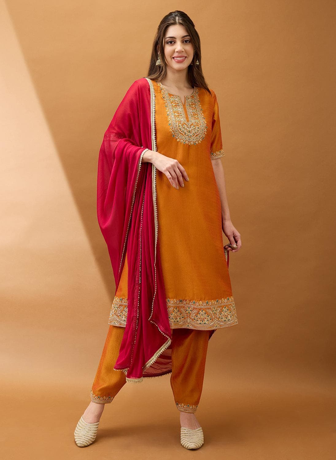 Globus Women Yellow Sequinned Zari Embroidered Yoke A Line Kurta Set With Dupatta
