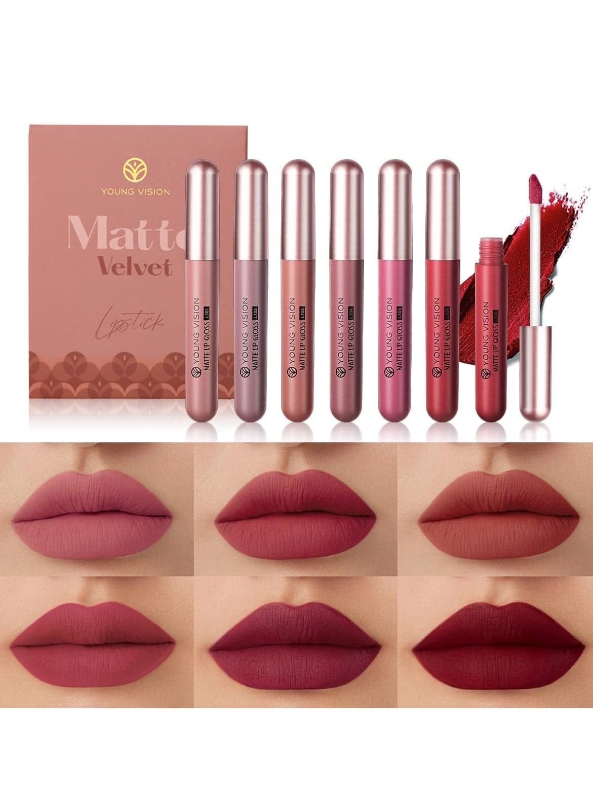 6-Pc Matte Nude Liquid Lipstick Set - Long-Lasting & Pigmented Shades, Lip Gloss Bundle Gift Collection for Girls/Women