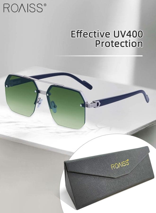 Square Semi-Rimless Sunglasses for Men Women, UV400 Protection Trendy Anti-Glare Classic Sun Shades with Glasses Case for Shopping Party Travel 60mm, with Gradient Green Lens
