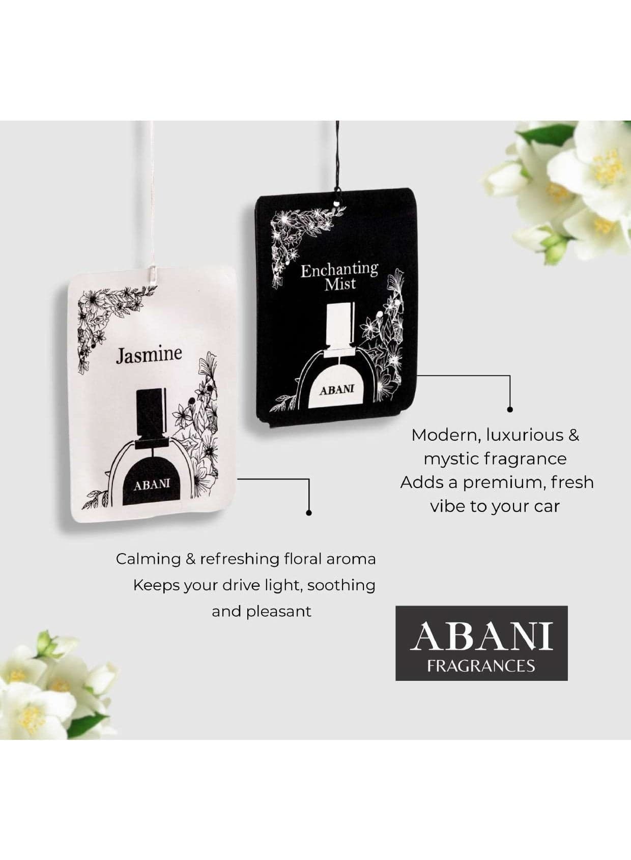 ABANI Car & Room Hanging Air Freshener Pack of 4 – Jasmine & Enchanting Mist | 30 Days Long Lasting Fragrance | Compact & Safe Non-Toxic Freshener