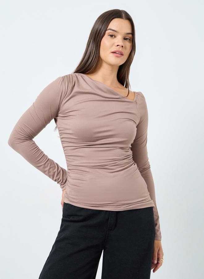 Styli Brown Asymmetric Neck Fitted Knit Top