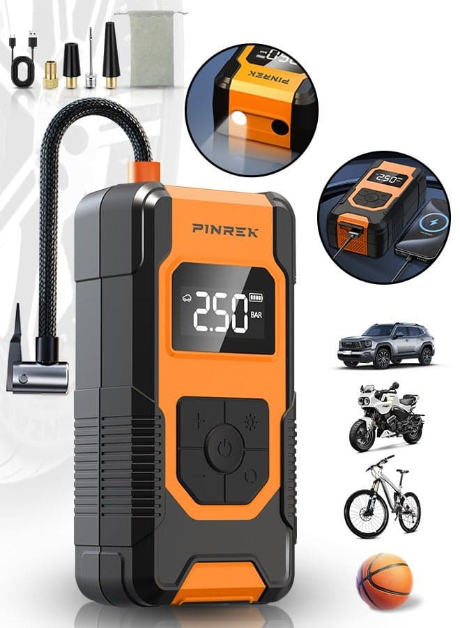 Digital Car Tyre Inflator Air Compressor, 22mm Cylinder Portable Electric Tire Inflator With 7800mAh Battery Power Bank/Auto Stop/LED Light/LCD Screen, 150 PSI Fast Inflation Cordless Air Pump for Car Motorcycle Bicycle Ball Air Mattress