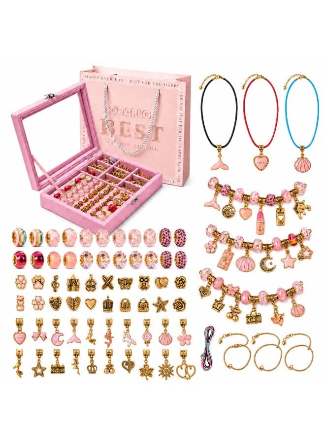 GRAFLO Bracelet Making Kit for Girls, Charm Bracelets Kit with 66pcs Beads with Jewelry Box, Elegant Clay Set for DIY Craft, Gift for Adolescent & Kids, for 6-12 Years Old (Gold & Pink)