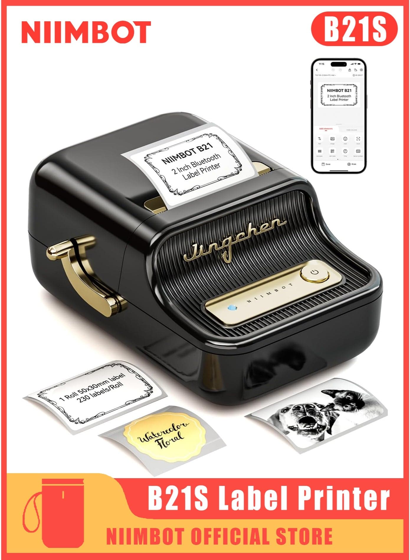 B21S Bluetooth Label Maker Inkless Label Printer with 1 Roll 50*30mm White Label Sticker, Portable Thermal Label Maker with 20-50mm Print Width, Great for Clothing, Address, Business, Supermarket, Retail Store Printing Barcods, Balck