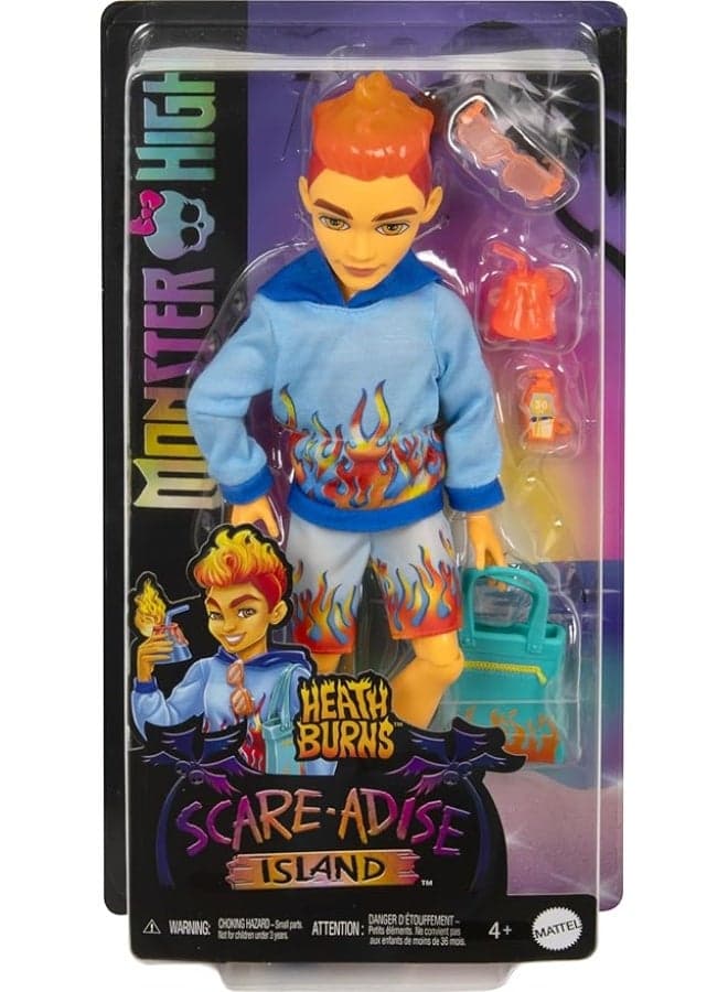 Scare-Adise Island Heath Burns Doll With Flame Hoodie, Swim Trunks And Beach Accessories Like Sunglasses