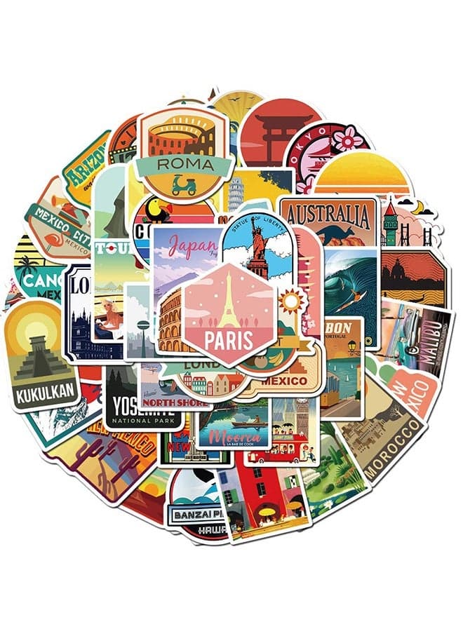 City Travel Stickers, 50Pcs Vinyl Waterproof Landmark Stickers Pack for Water Bottle Laptop Luggage, Cityscape Aesthetic Decals (City)